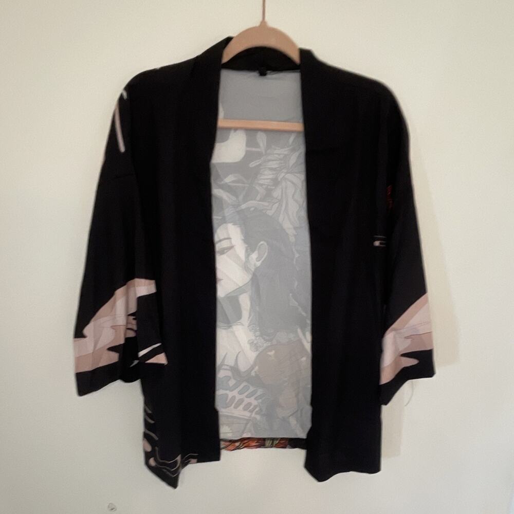 SHEIN Women's Black Anime Geisha Graphic Print Open Front Kimono Top M Poly